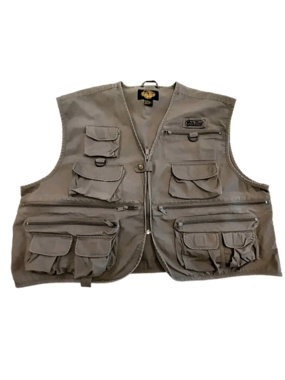 VTG White River Fly Shop Vest Jacket Fly Fishing Inside Pockets Men Khaky Sz 2XL